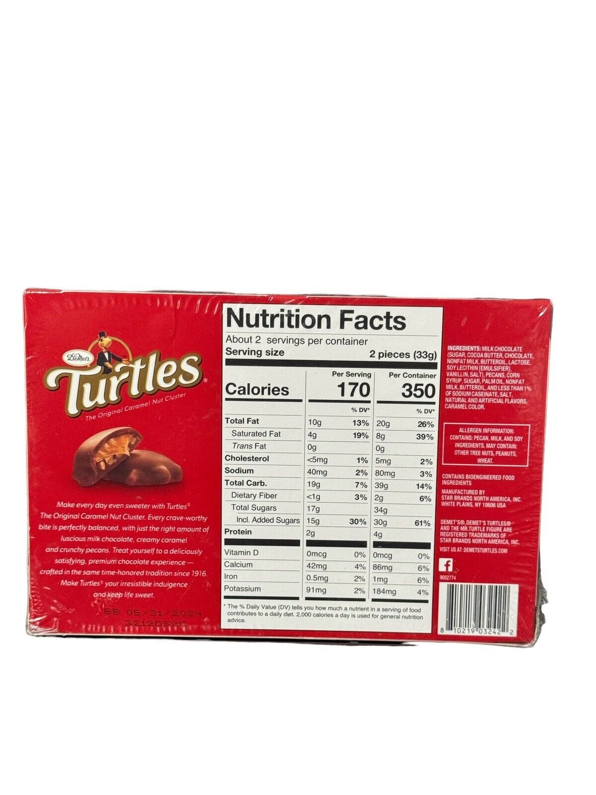 Demet's Turtles Original Caramel Chocolate Clusters Pecan 2.3 oz 4 Pack