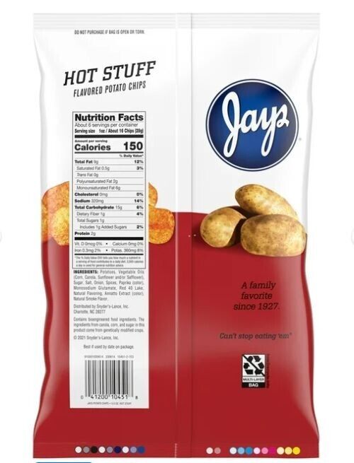 Jays Hot Stuff Potato Chips, 5.5 oz 5 Bags