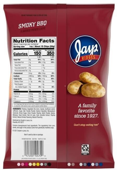 Jays Ridges Potato Chips, Smoky BBQ, 2.5 oz Bag