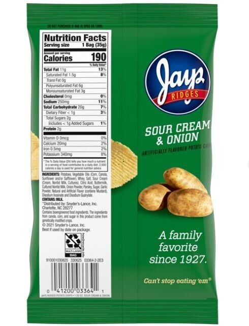 Jays Potato Chips, Ridges Sour Cream and Onion, 1.25 oz Snack Bag