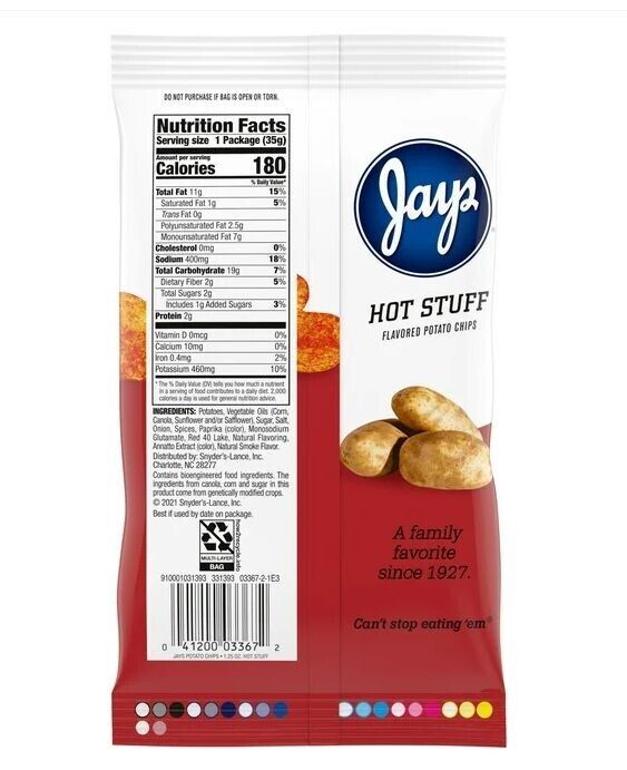 Jays Hot Stuff Potato Chips, 1.25 oz Snack Bag