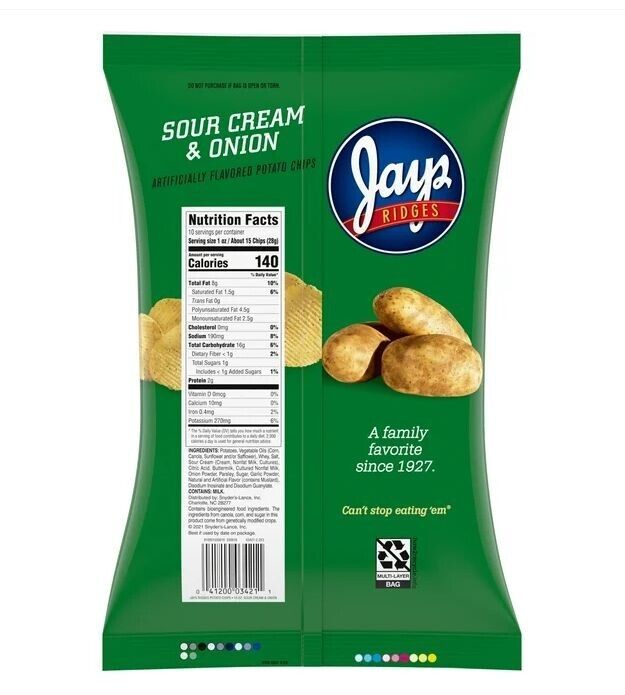 Jays Potato Chips, Sour Cream and Onion Ridges, 10 oz Bag