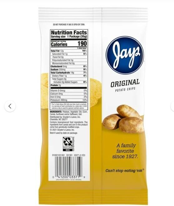 Jays Original Potato Chips, 1.25 oz Snack Bag