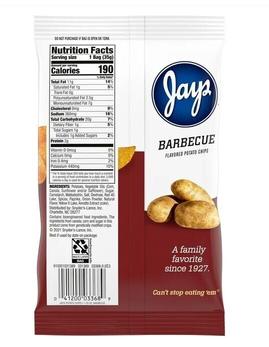 Jays Potato Chips, BBQ, 1.25 oz Snack Bag
