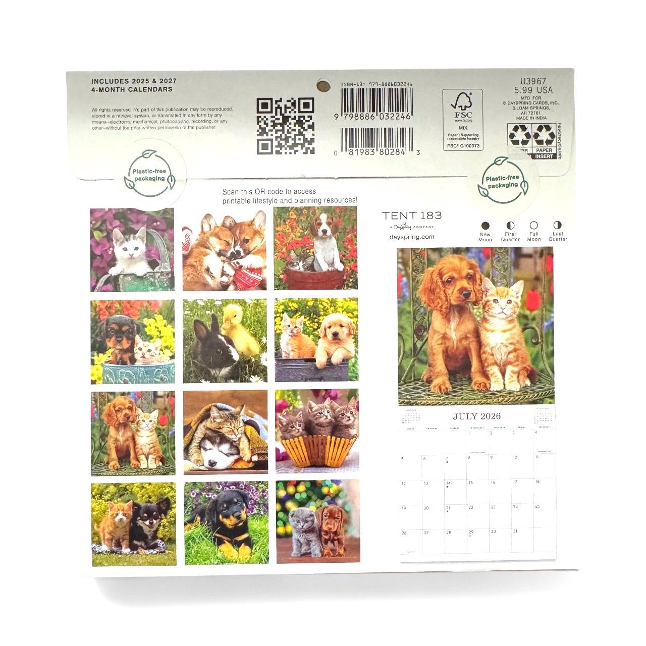 2026 WHISKERS & PAWS Mini 7x7” 16 Month Wall Calendar NEW 7x14” Opened-cats/dogs