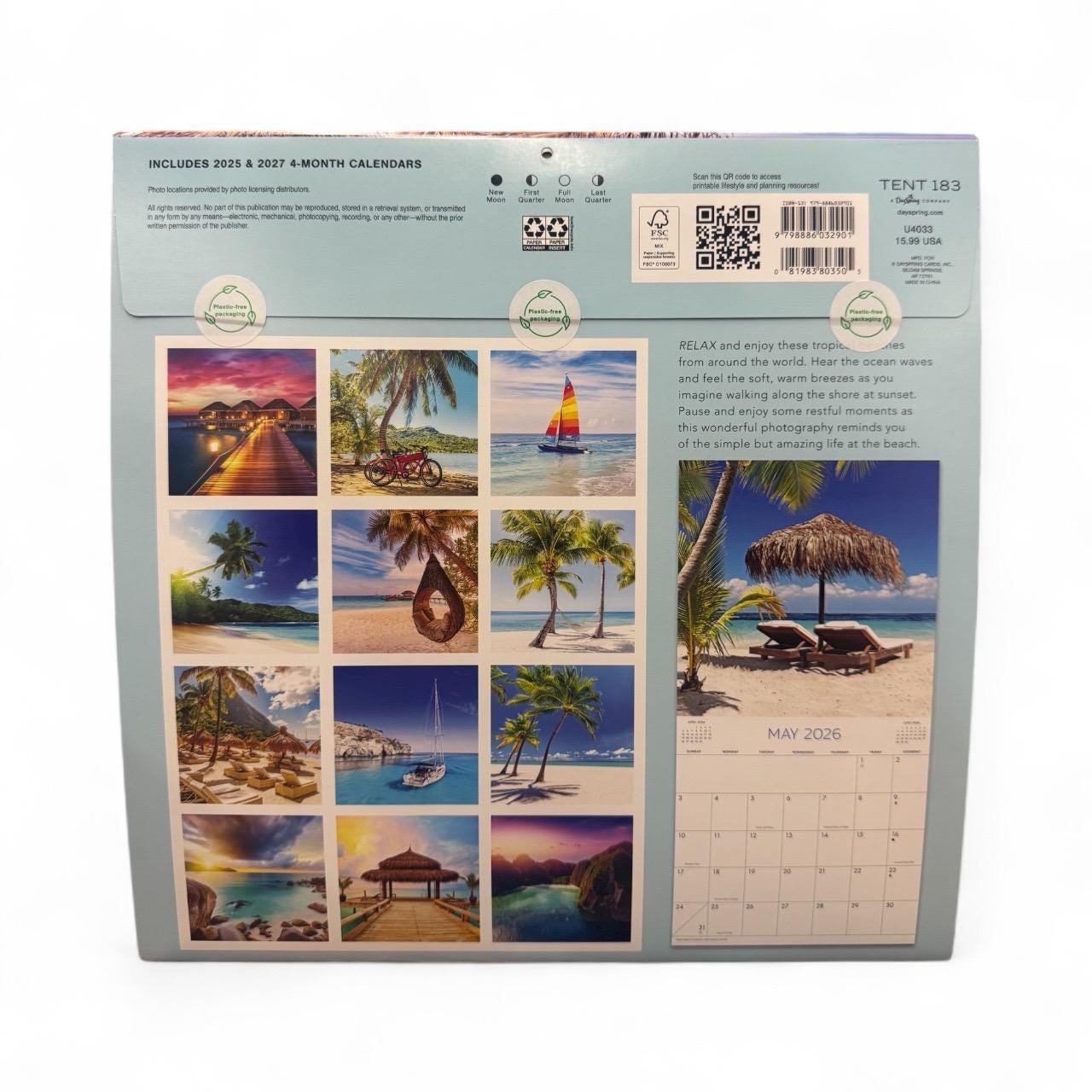 2026 TROPICAL GETAWAYS 12” X 12” 16 Month Wall Calendar NEW 12”x24” Opened