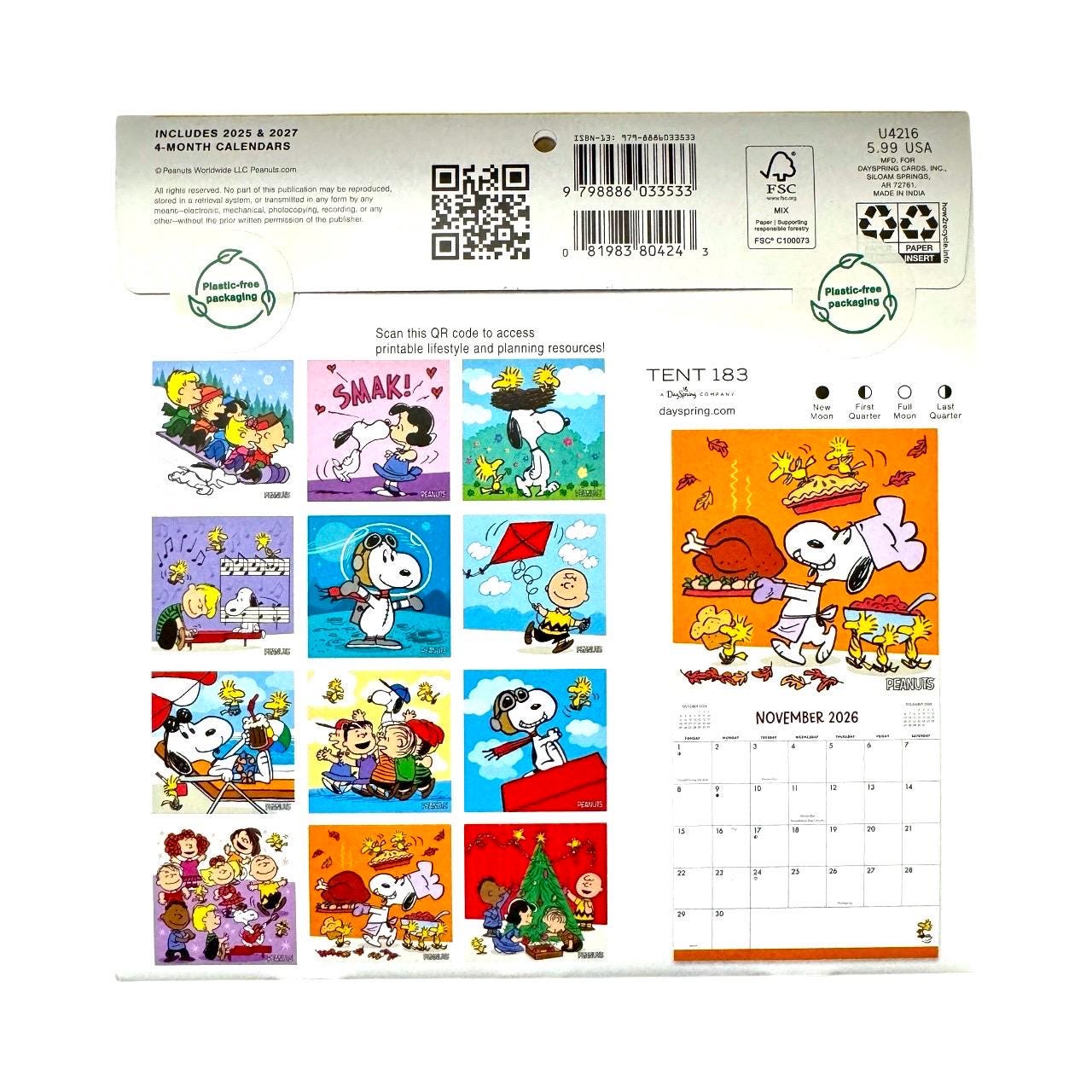 2026 PEANUTS Charlie Brown Mini 7x7” 16 Month Wall Calendar NEW 7x14” Opened
