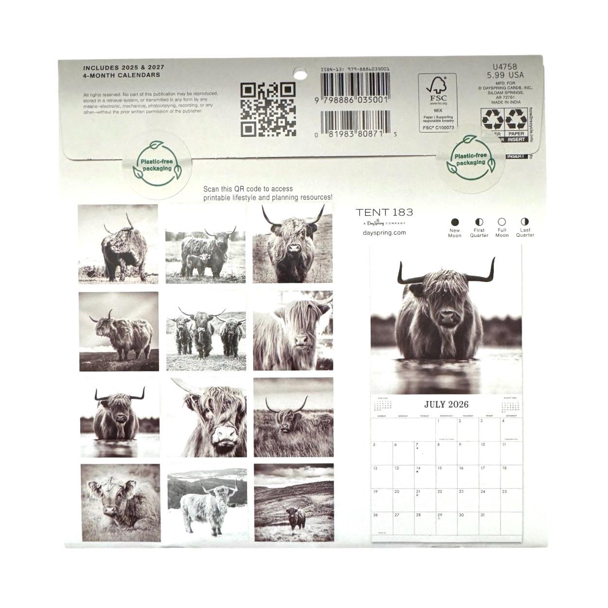 2026 HIGHLAND COWS Mini 7x7” 16 Month Wall Calendar NEW 7x14” Opened