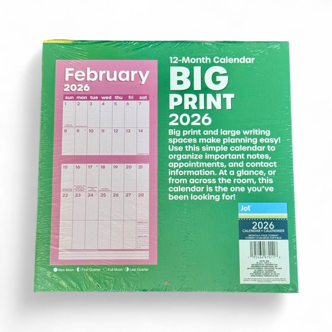2026 BIG PRINT Green/Yellow Cover 12” X 24” 12 Month Wall Calendar New Sealed