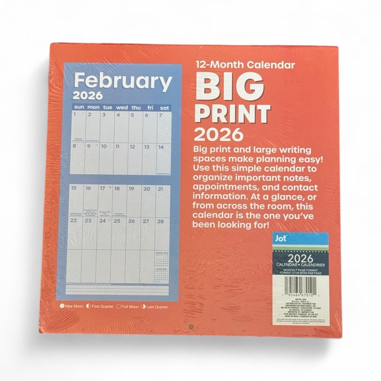2026 BIG PRINT Red 12” X 24” 12 Month Wall Calendar New 12x12” Closed