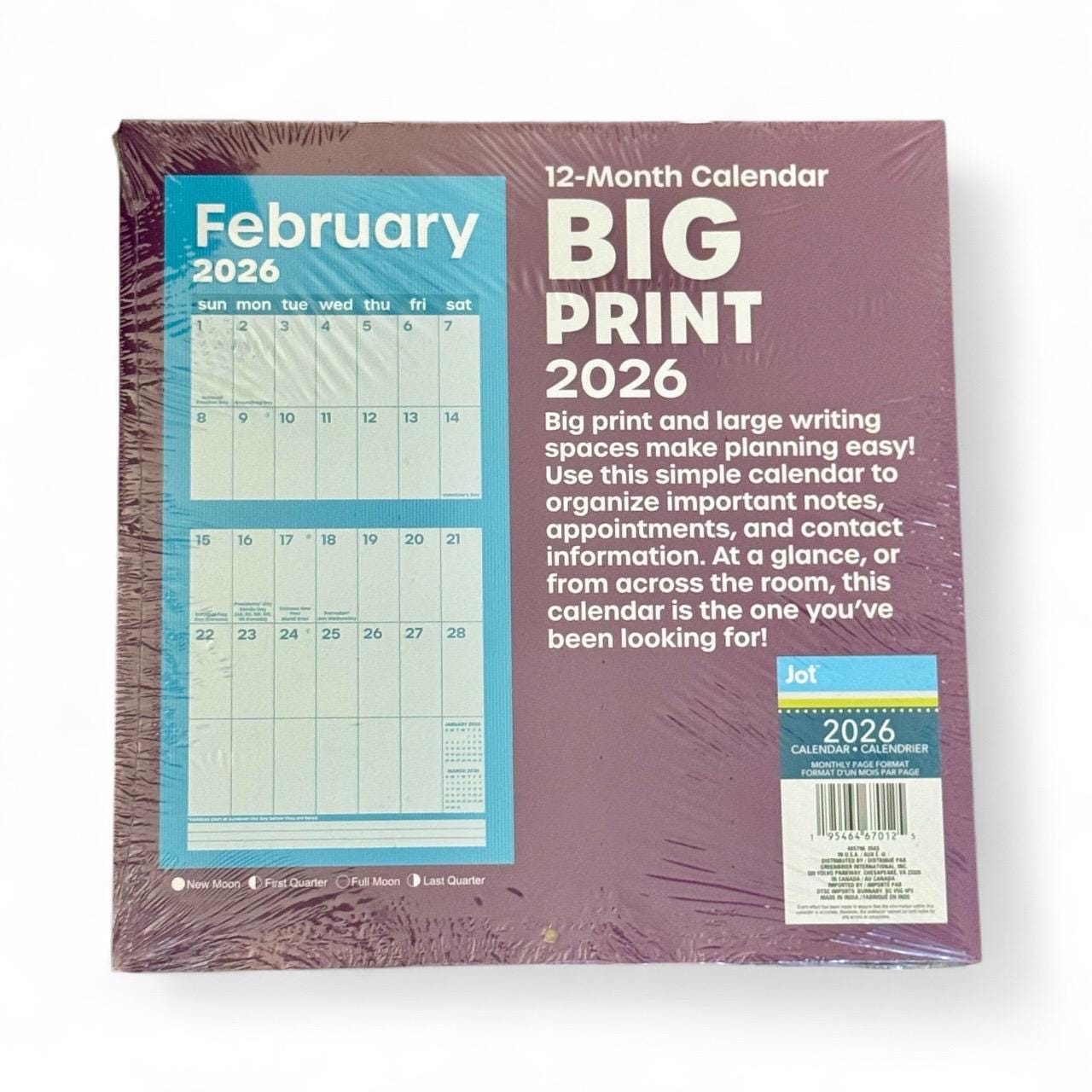2026 BIG PRINT Purple 12” X 24” 12 Month Wall Calendar New 12x12” Closed