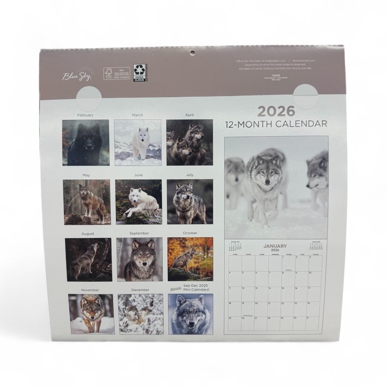 2026 WOLVES 12” X 12” 16 Month Wall Calendar NEW 12”x24” Opened
